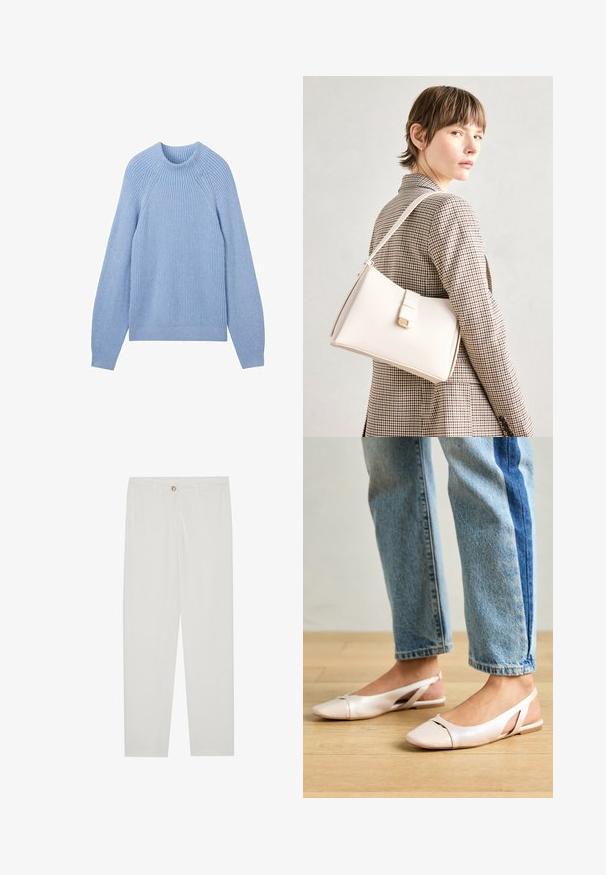 TOM TAILOR MIT STEHKRAGEN - Džemperis - calm blue rib structure; Baltos, pritaikytos kelnės su tiesaus kirpimo dizainu, su sagčių uždarymu, dirželių kilpomis ir šoninėmis kišenėmis; lygus audinio tekstūros.; Šviesiai rožiniai slingback baleto bateliai su smailiu pirštu, pagaminti iš lygios odai panašios medžiagos. Yra išpjovimų detalės šonuose ir plokščias kulnas.; Balto odos rankinė su struktūrizuotu dizainu, turinti magnetinį užsegimą ir petnešą, demonstruojama prieš neutralią foną.