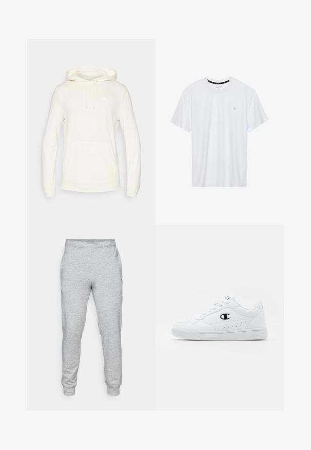 Felpa color crema realizzata in morbido tessuto, con tasca a marsupio, maniche lunghe e un logo bianco sul petto.; T-shirt bianca a girocollo realizzata in cotone, con maniche corte e un piccolo logo ricamato sulla parte sinistra del petto. Texture morbida.; Pantaloni sportivi grigi realizzati in materiale morbido e testurizzato, con una vita elasticizzata e gambe affusolate, dotati di un piccolo logo sul lato.; Sneakers atletici bianchi con pelle sintetica liscia, accento del logo nero e dettagli perforati sul lato. Suola in gomma.