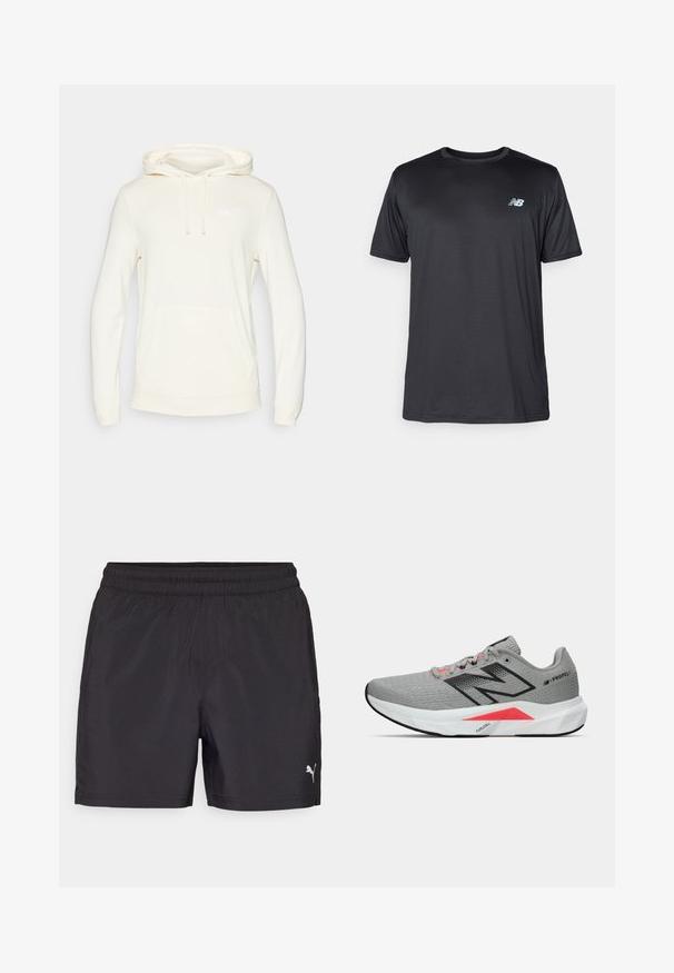 Kremowa bluza z kapturem wykonana z miękkiego materiału, z kieszenią typu kangur, długimi rękawami i białym logo na klatce piersiowej.; New Balance - Koszulka sportowa; Czarne spodenki sportowe z elastycznym pasem, wykonane z lekkiego materiału, z małym białym logo po dolnej stronie.; Szare buty sportowe z teksturowaną siateczką, czarnymi akcentami, różowymi detalami i białą, amortyzującą podeszwą z charakterystycznym trójkątnym wzorem.