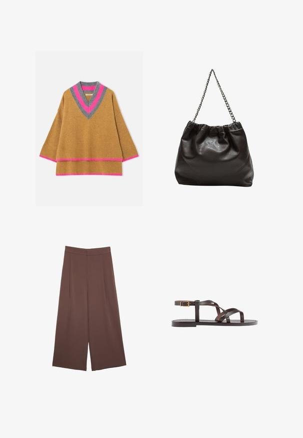 Brauner Strickpullover mit V-Ausschnitt, der am Kragen und den Bündchen graue und rosa gestreifte Akzente aufweist. Weiche Textur und lockere Passform.; Braune Weite-Leg-Hosen mit einer glatten Textur, hoher Taille und Vorderfalten. Der Stoff ist leicht und fällt locker.; Braune Leder-Sandale mit überkreuzten Riemen, einem Knöchelriemen mit Schnalle und einer flachen Sohle mit minimalen Nähdetails.; Braune Lederhandtasche mit gerafftem Oberteil und Kettenriemen. Glatte Textur mit glänzendem Finish und subtilen Nahtdetails an den Seiten.