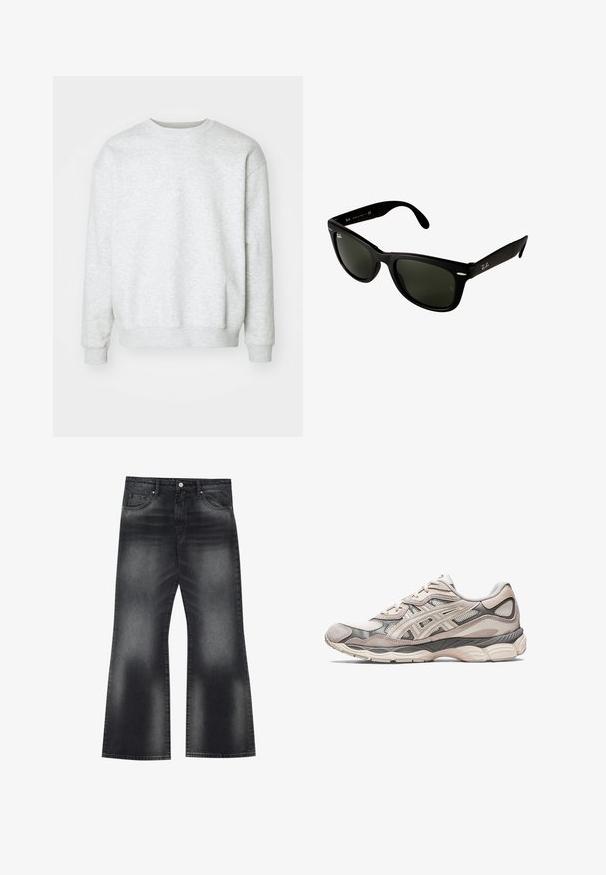 Lichtgrijze sweatshirt gemaakt van een katoenmix. Rond de hals, lange mouwen, ribgebreide manchetten en onderrand. Zachte textuur, minimalistisch ontwerp zonder patronen.; Witte button-up blouse met verticale marineblauwe strepen, lange mouwen, een borstzak en een klassieke kraag. Gladde stof met een relaxte pasvorm.; Zwarte flared jeans van denim met een vervaagde wassing, vijf zakken en contrasterende stiksels, met een licht wijde pijpopening.; Lichtgrijze sportschoen met een bovenwerk van mesh en suede. Beschikt over een gevoerde zool, uitgesproken overlays en een gestructureerd ontwerp.; Zwarte kunststof zonnebril met donkergroene lenzen. Het vierkante frameontwerp heeft zilveren accenten en een reliëflogo op de poot.