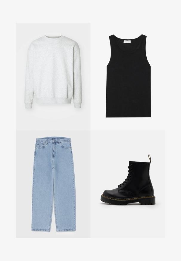 Light grey sweatshirt made from cotton blend. Rounded neckline, long sleeves, ribbed cuffs and hem. Soft texture, minimalistic design without patterns.; Black tank top made of ribbed fabric, featuring a round neckline and no sleeves, with a straight hem and a minimalistic design.; Light blue denim jeans with straight leg design, featuring a mid-rise waist, five pockets, and a button and zipper closure.; Black leather ankle boots with a lace-up front, yellow stitching, a rounded toe, and a thick, textured rubber sole.