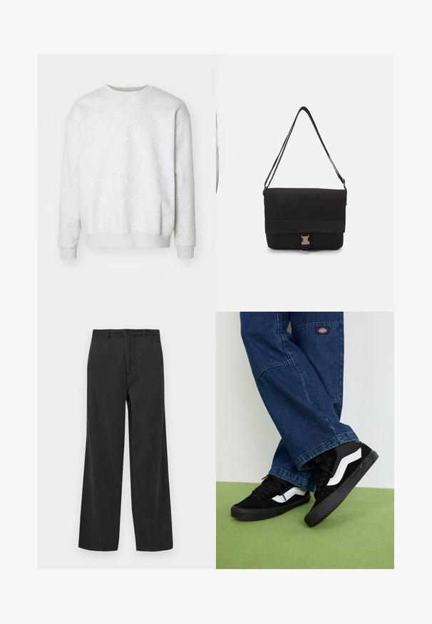 Felpa grigia chiara realizzata in misto cotone. Collo rotondo, maniche lunghe, polsini e orlo a coste. Texture morbida, design minimalista senza motivi.; Pantaloni in corduroy neri con design a gamba larga, caratterizzati da una texture a coste verticali, una chiusura con zip e bottone, e tasche frontali.; Sneaker bianche e nere con una tomaia testurizzata, caratterizzate da un distintivo motivo a onda bianca, abbinate a pantaloni di denim blu larghi.; Borsa a tracolla nera realizzata in materiale liscio, con un lembo pieghevole, hardware in metallo argentato e una tracolla regolabile.