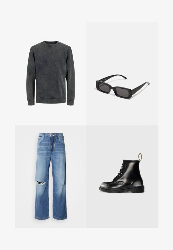 Grijze ronde hals sweatshirt met lange mouwen, gemaakt van een zachte, gestructureerde stof. Heeft een vervaagd, gewassen effect en eenvoudige stikdetails.; Witte t-shirt met korte mouwen van katoen, met een ronde hals en een relaxte fit met rechte zoom. Geen patronen of versieringen.; Lichtblauwe denim jeans met een losse fit, voorzien van een witte trekkoord in de taille en duidelijke scheuren aan de voorkant, met rafelige randen.; Zwarte leren enkellaarzen met een glanzende afwerking, acht veterogen, zwarte veters en een trekloop. Voorzien van een getextureerde, gedetailleerde zool.; Zwarte rechthoekige zonnebril met donkere lenzen, glanzende afwerking, brede pootjes en een robuust frameontwerp. Gegraveerde merknaam op één van de pootjes.