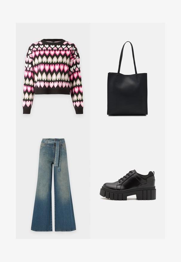 Skraćeni pulover u crnoj boji s šarenim uzorkom srca u ružičastoj i zelenoj boji. Pleteni uzorak i rebrasti rukavi su prisutni. Okrugli izrez.; Široke traperice s gradijentom od svijetloplave do tamnoplave, visokog struka, petljama za remen i remenom od istog materijala. Teksturirana traper tkanina.; Crne kožne platforme s debelim blok-peta, okruglim prstima i klasičnim dizajnom vezanja. Imaju gladak tekstur i minimalne detalje.; Crna kožna torba za nošenje s glatkom teksturom, pravokutnim oblikom i dvije duge ručke. Nema vidljivih metalnih dijelova ili ukrasa.