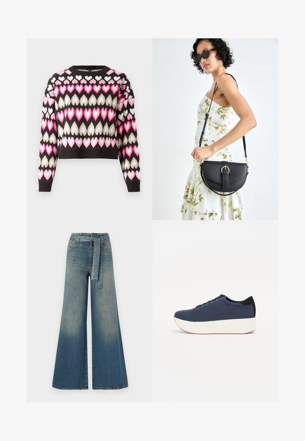 Pulover scurt, negru, cu un model colorat de inimi în nuanțe de roz și verde. Textură tricotată și manșete cu nervuri. Decolteu rotund.; Pantaloni din denim largi, cu un gradient de la albastru deschis la albastru închis, talie înaltă, bucle pentru curea și o curea din același material. Finisaj texturat din denim.; Sneaker albastru închis, cu un material texturat pe partea superioară, talpă platformă albă, vârf rotunjit și accent de călcâi negru. Dispune de șase găuri pentru șireturi.; Geantă din piele neagră, cu o formă curbată, curea detașabilă și accesorii aurii. Geanta are un capac cu un detaliu tip cataramă.