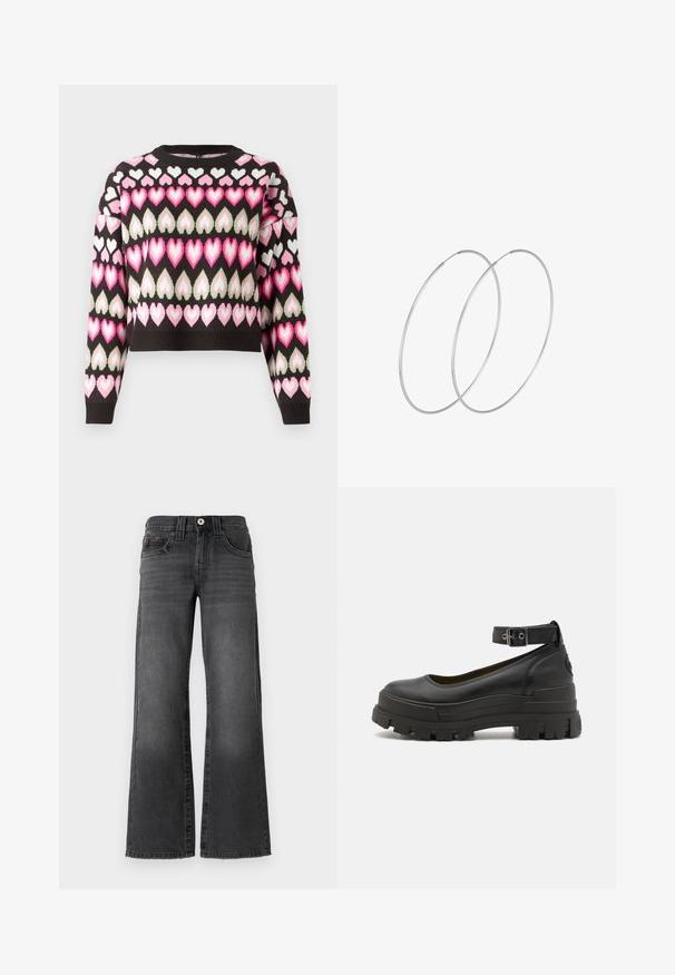 Kratka jopica v črni barvi z barvitim vzorcem srca v roza in zeleni barvi. Ima pleteno teksturo in rebraste manšete. Okrogla ovratnica.; Široke traperice v temno sivi barvi. Imajo pet žepov, gumb za zapiranje in subtilno zbledelost na tkanini. Klasični šivi poudarjajo obliko.; Buffalo ASPHA - Čevlji s platformo in peto - black; Srebrne uhane v obliki obroča z minimalističnim dizajnom. Krožna oblika, gladka tekstura in tanek profil. Lahki s poliranim zaključkom.