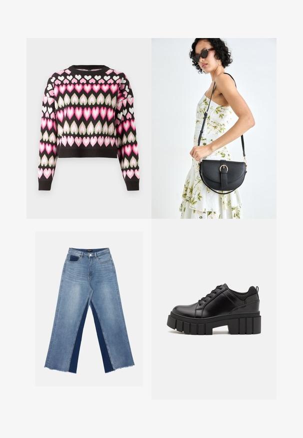 Melna kratka džemperis ar krāsainu sirds rakstu rozā un zaļā krāsā. Adīta tekstūra un ribotas piedurknes. Apaļa kakla izgriezums.; Gaiši zili platā piegriezuma džinsi ar kontrastējošiem tumši ziliem paneļiem, nodilušiem apakšmalām un standarta jostasvietu ar metāla pogu aizdari.; Melnas ādas platformas kurpes ar masīvu bloku papēdi, apaļu purngalu un tradicionālu saistīšanas dizainu. Izceļas ar gludu tekstūru un minimālu apdari.; Melnas ādas rokassoma ar izliekta formu, noņemamu siksnu un zelta aksesuāriem. Somai ir vāciņš ar sprādzes detaļu.