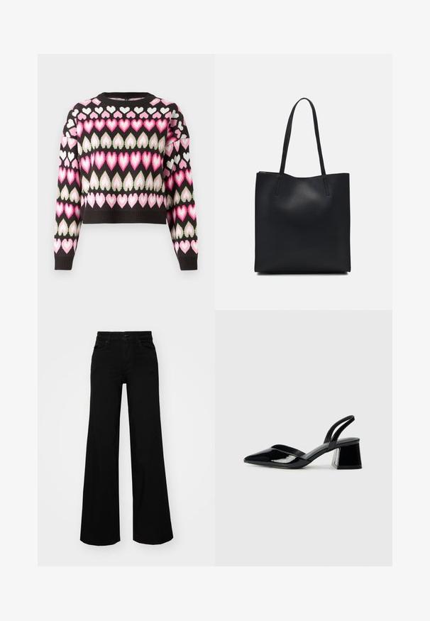 Korte trui in het zwart met een kleurrijk hartpatroon in roze en groen. Breipatroon en geribbelde manchet aanwezig. Ronde halslijn.; Zwarte wijdvallende broek van denim, met een gestructureerde tailleband, riemlussen en voorzakken. Glad van textuur met een klassiek ontwerp.; Zwarte gepatineerde leren slingback hakken met een spitse neus en een geometrische blokhak. Kenmerkt zich door een slank, minimalistisch ontwerp en een gladde textuur.; Zwarte leren handtas met een gladde textuur, rechthoekige vorm en twee lange handvaten. Geen zichtbare hardware of versieringen.