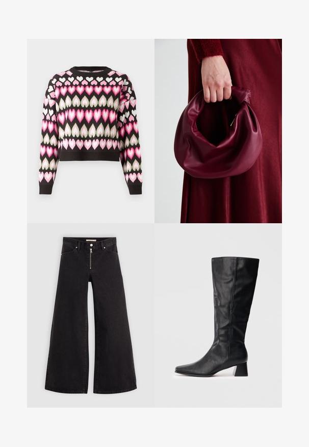 Juoda suknirta megztinis su spalvingu širdies raštu, rožinės ir žalios spalvos. Megztas tekstūros ir banguoti rankogaliai. Apvalus iškirpimas.; Plačios kojų džinsai iš juodo džinsinio audinio su užtrauktuku priekyje, penkių kišenių dizainu ir subtiliais siuvinėjimo akcentais. Lygus paviršius ir laisvalaikio stilius.; Juodas odinis vidutinio ilgio botas su smailiu kojų pirštu ir blokuotu kulnu ant vienspalvio šviesaus fono.; Bordo odinė rankinė su minkštu, susiraukšlėjusiu dizainu ir apvalia forma. Rankena yra tvirtai pritvirtinta, atskleidžianti lygią tekstūrą.