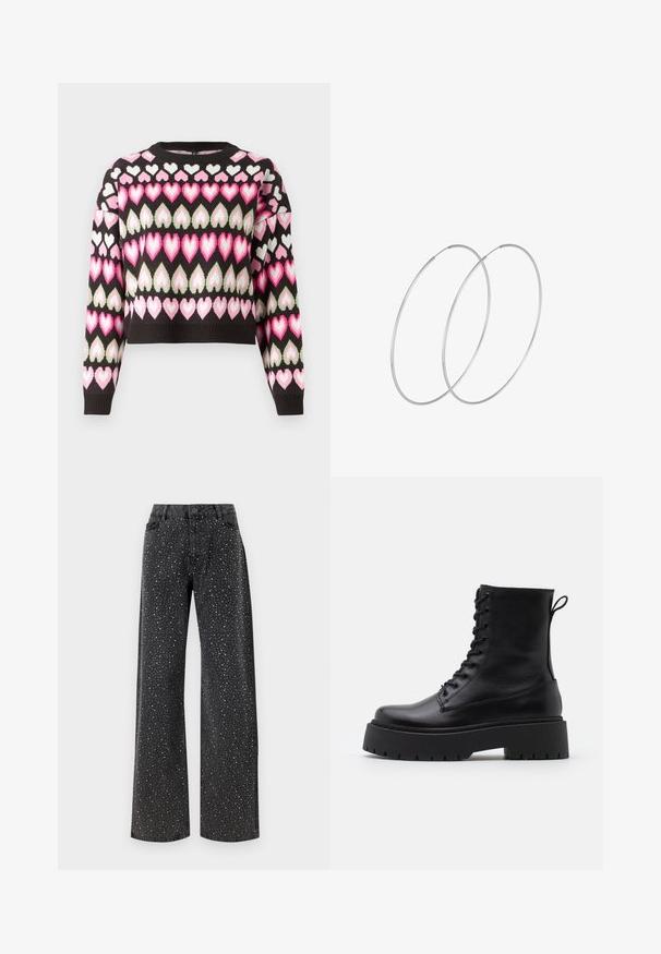 Korte trui in het zwart met een kleurrijk hartpatroon in roze en groen. Breipatroon en geribbelde manchet aanwezig. Ronde halslijn.; Noisy May NMJANNEL LOOSE - Relaxed fit jeans - black denim; Zwarte leren enkelboots met een ronde neus, vetersluiting aan de voorkant en een dikke rubberen zool met een gestructureerd profiel. Trekbandje aan de achterkant.; Zilveren hoepel oorbellen met een minimalistisch ontwerp. Cirkelvormig, gladde textuur en dun profiel. Lichtgewicht met een gepolijste afwerking.