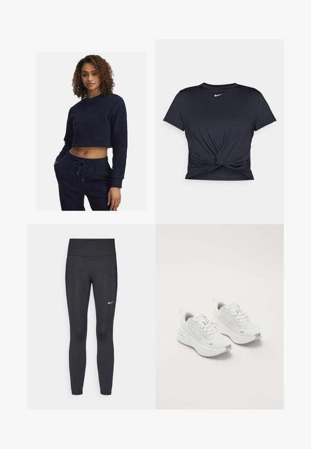 Granatowa, krótka bluza wykonana z miękkiego materiału, z długimi rękawami, okrągłym dekoltem oraz subtelnymi haftowanymi detalami. W komplecie ze spodnimi w tym samym kolorze.; Czarna sportowa koszulka z gładkiego materiału, z wiązanym przodem i małym białym logo Nike na piersi.; Czarne legginsy z elastycznego materiału, z wysokim pasem i białym logo Nike na lewym udzie. Gładka tekstura, dopasowany krój.; Białe buty sportowe z teksturowaną siateczką u góry, amortyzowana podeszwa i subtelne szare akcenty. Zawierają logo i pętlę z tyłu dla łatwego zakładania.