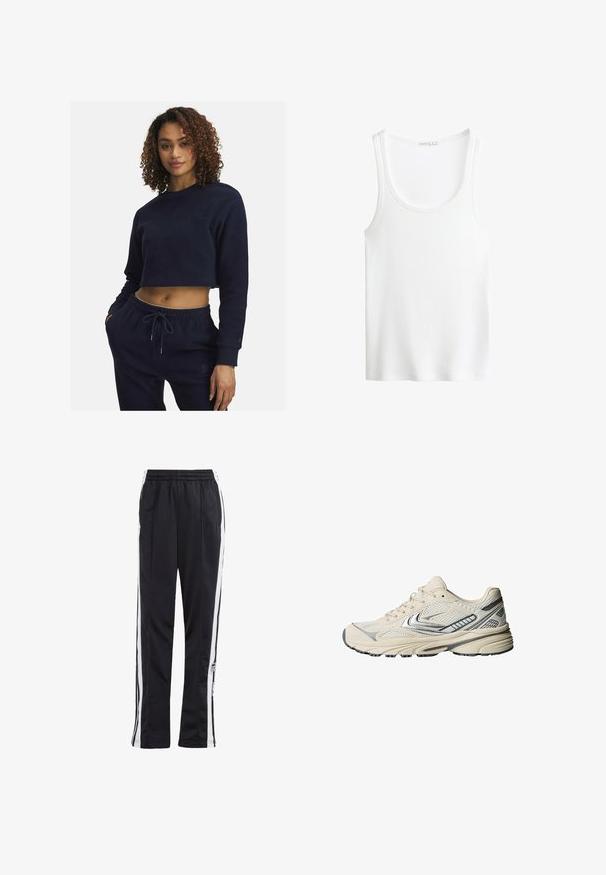 Granatowa, krótka bluza wykonana z miękkiego materiału, z długimi rękawami, okrągłym dekoltem oraz subtelnymi haftowanymi detalami. W komplecie ze spodnimi w tym samym kolorze.; Biały żebrowany top na ramiączkach z okrągłym dekoltem i szerokimi ramiączkami. Miękka faktura materiału i obszycia. Prosty, dopasowany krój.; Czarne spodnie dresowe z białymi paskami po bokach, elastycznym paskiem w talii i naszywką z logo. Wykonane z gładkiego, lekkiego materiału. Prosta nogawka.; Beżowy but sportowy z siateczkową cholewką, srebrnymi akcentami i teksturowaną gumową podeszwą. Zaprojektowany z myślą o komforcie i stabilności.