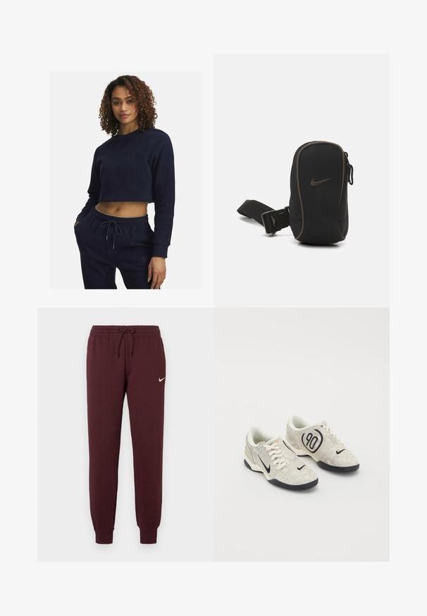 Marineblauwe cropped sweatshirt van zachte stof met lange mouwen, voorzien van een ronde halslijn en subtiele geborduurde details. Gecombineerd met bijpassende broek.; Bordeauxkleurige trainingsbroek met elastische taille en koord. Heeft ribgebreide boorden en een klein wit Nike-logo op de linkerdij. Soepele textuur.; Nike sneakers met een beige en grijze textuur bovenkant, zwarte accenten, een groot "90" logo en een witte vetersluiting. Zwarte zool.; Zwarte Nike pouch met ritssluiting, gestructureerde stof, bruine accenten en een afneembare schouderband. Voorzien van een opvallend Nike-logo aan de voorkant.