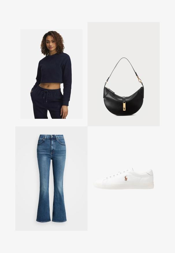 Tume sinine lühike sviiter pehmest kangast, pikad varrukad, ümar kaelus ja peene tikandiga detailid. Koos sobivate pükstega.; Keskmise sinise denimi kõrge vöökohaga laienevad teksad, millel on klassikaline viie tasku disain ja kontrastõmblused. Servad on töötlemata.; Valged nahast tossud, madala ülaservaga disain, millel on sile tekstuur, ümar varvas, nööridega esiosa ja väike tikand logoga küljel.; Must musträik maximum ümmargune nahk kott. Omab kuldse metallist aksessuaari ja kitsast rihma. Sile tekstuur, lukuga sulgemine üleval.