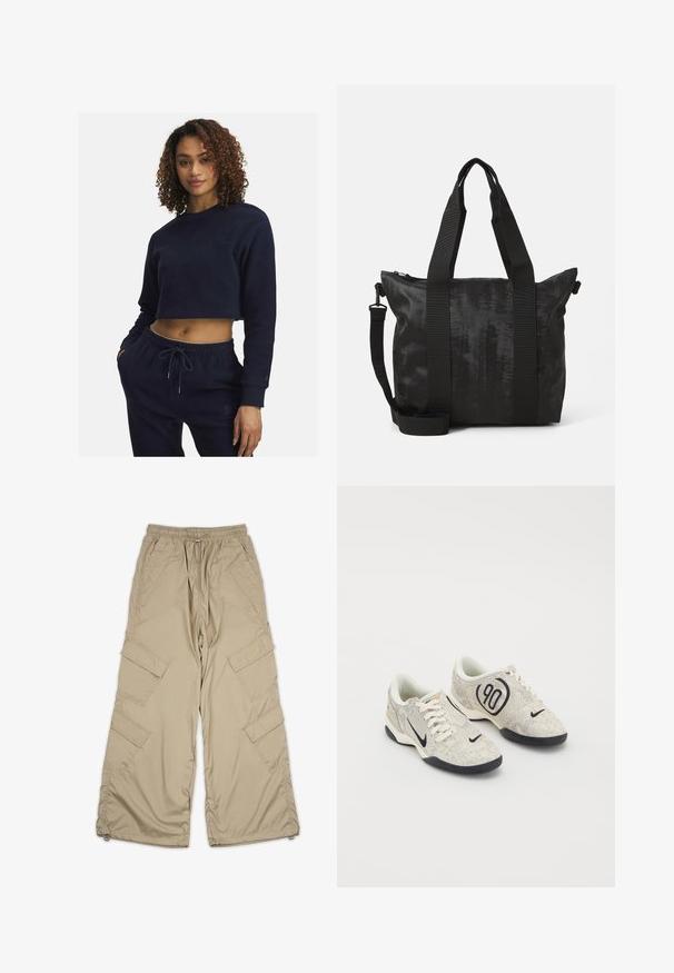 Tume sinine lühike sviiter pehmest kangast, pikad varrukad, ümar kaelus ja peene tikandiga detailid. Koos sobivate pükstega.; Beežid cargo püksid, millel on kummiga vöökoht, mitmed küljetaskud ja mugav lõige. Valmistatud kerge ja sileda materjali koos õmblemise detailidega.; Nike spordijalatsid beeži ja halli tekstuuriga ülemise osa, mustade aktsentidega, suure "90" logoga ja valge sidumisega. Must tald.; Must mustkott mustekangaga, kahe ülemise sangaga ja eemaldatava õlarihmaga. Omab lukuga sulgemist, et tagada turvaline hoiustamine.