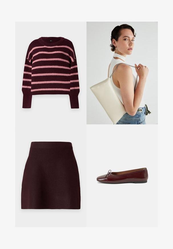 Burgundia sviiter horisontaalsete roosa triipudega. Kootud tekstuur, ümmargune kaelus ja soonikkoes mansetid. Langetatud õlad. Kastikujuline disain.; Burgundia mini-seeliku, sobiva vöökoha, siledat tekstuuri ja laienevat siluetti. Lihtne disain ilma mustrite ja kinnituste detailideta.; Burgundi patendnahk kingad balletitüüpi, ümmarguse ninaosa, ees väike paelaaktsent ja madal must kummist tald. Sile tekstuur.; Valge ristkülikuline kotti, mis on valmistatud läikivast materjalist, hõbedase ahelsangaga. Mudel poseerib, tutvustades kotti ühtlase taustaga.