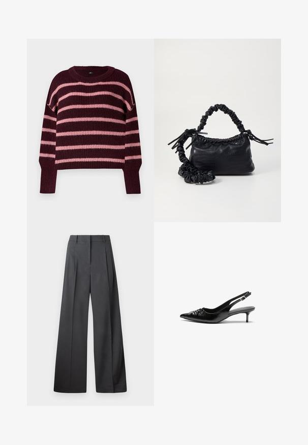Burgundi pulóver vízszintes rózsaszín csíkokkal. Kötött textúra, kerek nyakkivágás és bordázott mandzsetta. Esései vállak. Dobozos fazon.; Széles szárú nadrág sötétszürke anyagból, magas derekú, egyes redőkkel, sima textúrával és tiszta befejezéssel a szegélyeken.; Fekete bőrből készült slingback magassarkú cipők hegyes orral, kis francia sarokkal és díszes csomóval az elején. Az egész felületen sima textúra.; Fekete műbőr kézi táska krokodil bőr textúrával, összehúzható tetejű és gyűrt pánttal. Lágy és kompakt dizájnúnak tűnik.