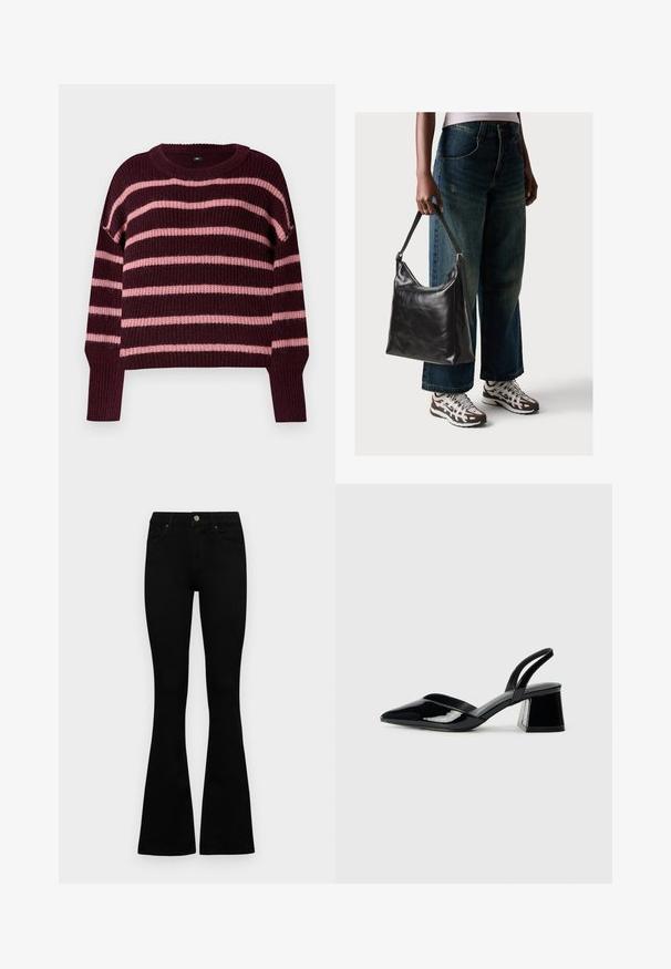 Suéter cor bordeaux com riscas horizontais cor-de-rosa. Textura tricotada, decote arredondado e punhos canelados. Ombros caídos. Design boxy.; Jeans pretos de cintura alta com fecho de botão e zíper, bolsos frontais e pernas largas dispostos em cima de um fundo branco.; Sandy em verniz preto com salto slingback, ponta afilada e salto geométrico. Apresenta um design elegante e minimalista com textura suave.; Bolsa de ombro em couro preto com textura suave e alça ajustável, combinada com jeans de perna larga desbotados e ténis desportivos.