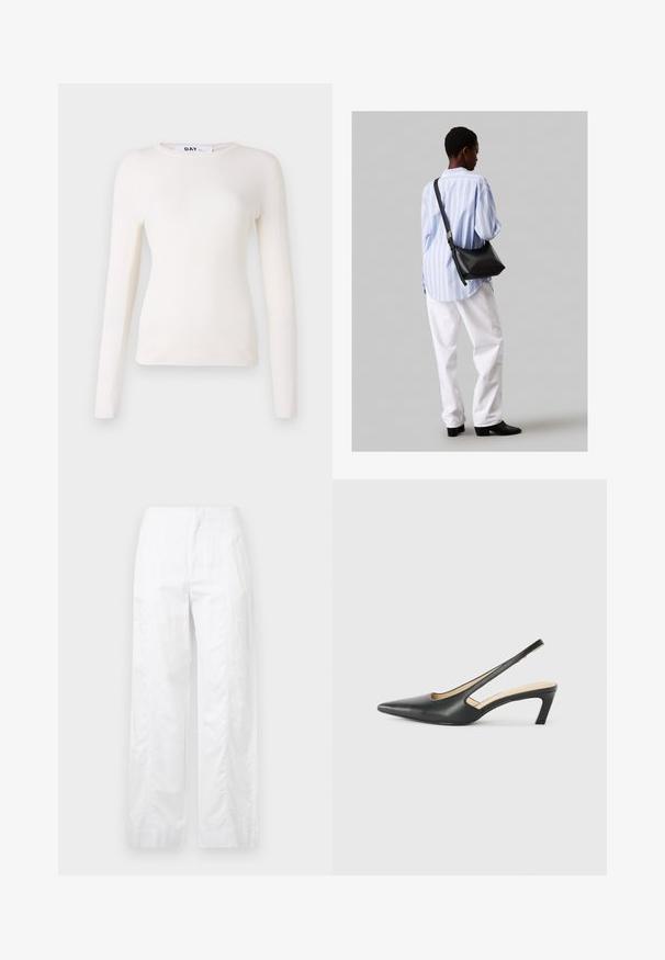 Garšiem piedurkņu, ribots balts tops ar apaļu kakla izgriezumu, maigu tekstūru un pieguļošu dizainu. Nav redzamu detaļu vai rakstu. Gluda apdare.; Baltas, plaša kāju bikses, izgatavotas no viegla auduma, ar gludu tekstūru, tīrām līnijām un augstu jostasvietu.; Melna, ar smailu purngalu, slingback kurpe ar zemu papēdi, izgatavota no gludas ādas materiāla un ar izgriezumiem sānos gaisa caurlaidībai.; Melna ādas plecu soma ar mīkstu tekstūru, trīsstūra formu un regulējamu siksnu, apvienota ar gaiši zilu svītrotu krekli un baltām biksēm.