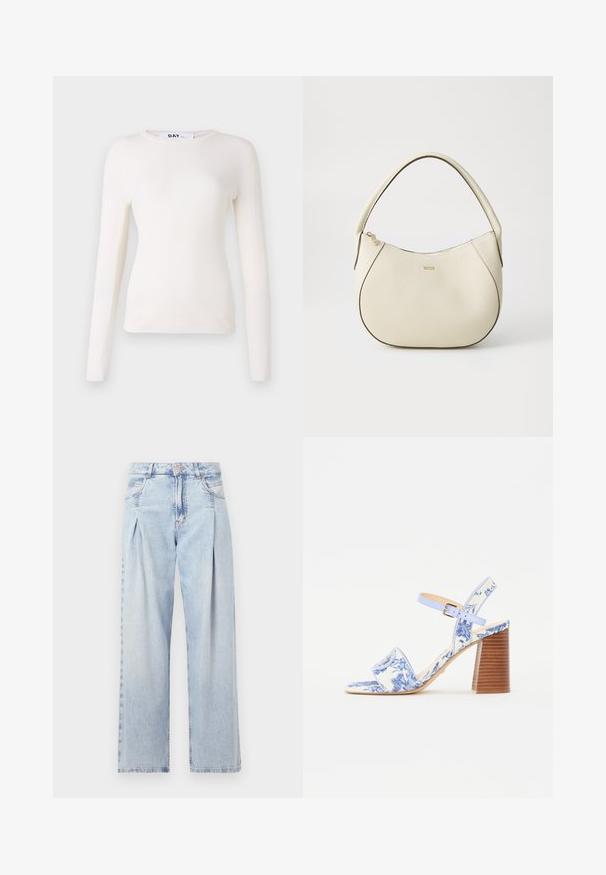 Biała bluzka z długim rękawem, prążkowana, o okrągłym dekolcie, miękkiej fakturze i dopasowanym kroju. Brak widocznych elementów metalowych lub wzorów. Gładkie wykończenie.; Jasnoniebieskie dżinsy z wysokim stanem, szerokimi nogawkami, dwoma bocznymi kieszeniami oraz plisowanym wzorem. Miękka tekstura z wyblakłym wykończeniem.; Niebieskie sandały w kwiatowy wzór z kwadratowym noskiem, szerokim paskiem i regulowanym paskiem wokół kostki, z teksturowanym, drewnianym obcasem w kształcie bloku.; Kremowa torebka o teksturowanym wykończeniu, zaokrąglonym kształcie, krótkim uchwycie i złotym logo. Zamek błyskawiczny na górze.