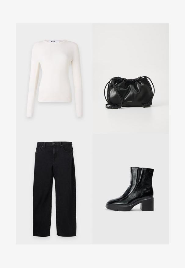 Long-sleeve, ribbed white top with a round neckline, soft texture, and fitted design. No visible hardware or patterns. Smooth finish.; Black denim jeans with a straight cut, featuring a button closure, five pockets, and subtle stitching details. Smooth texture.; Black patent leather ankle boots with a curved toe, elastic side panels, and a chunky block heel. Features embossed logo on the back.; Black leather handbag with gathered design, dual drawstring closure, and detachable shoulder strap. Features metallic logo detail.