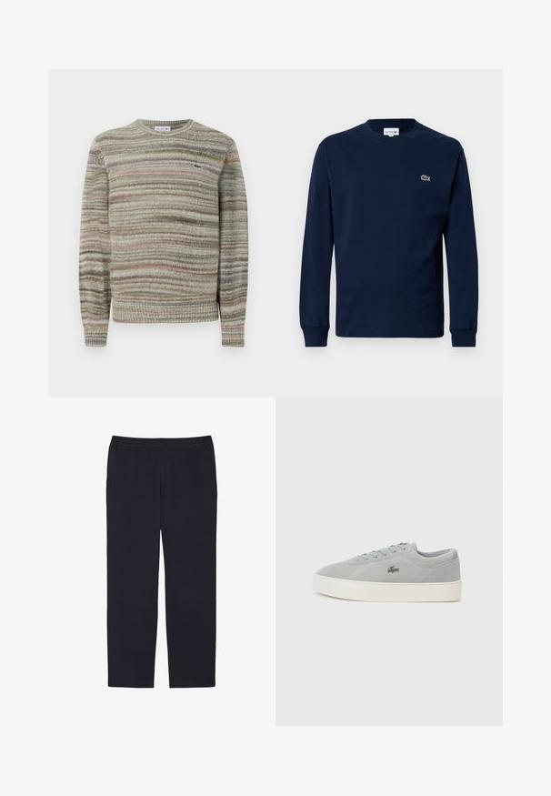 Sweater riscado em tons de cinza, verde e rosa. Com um design de gola redonda, mangas longas e um tecido de malha texturizado. Apresenta um pequeno logotipo.; T-shirt de manga longa azul-marinho feito de algodão, com decote redondo e um pequeno logotipo de crocodilo verde no lado esquerdo do peito.; Lacoste Calças - bleu marine hde; Lacoste COURT - Sapatilhas - grey/off white