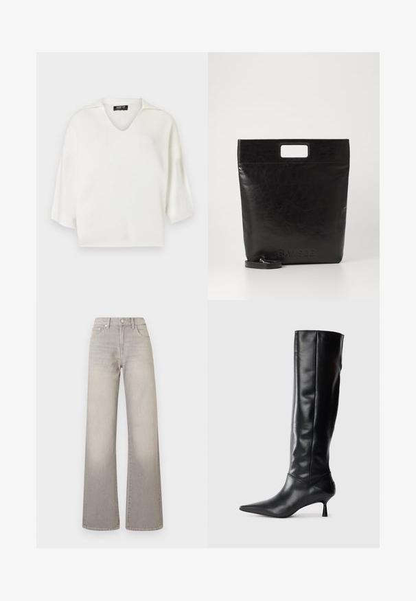 Top tricotado branco com decote em V, mangas curtas e um corte descontraído. Textura suave com um design minimalista e sem adornos visíveis.; Jeans largos cinzentos com um acabamento desbotado, fecho de botão, design de cinco bolsos e detalhes costurados ao longo das costuras.; Bota preta de couro até ao joelho com bico fino e salto curvado e esguio. Textura suave, design ajustado e sem elementos metálicos ou padrões visíveis.; Saco tote de couro preto com uma pega quadrada, apresentando um acabamento texturizado e logotipo em relevo. Inclui uma alça destacável.