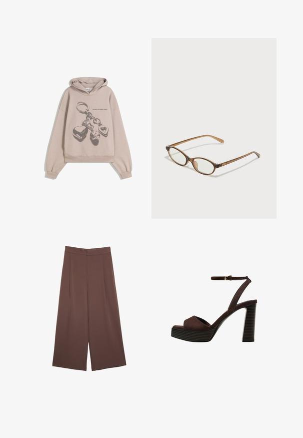 Prevelik bež kapuća sa grafikom privezak sa srcima i kockicama. Tkanina deluje mekano sa teksturiranim završetkom.; Rjave široke hlače z gladko teksturo, ki imajo visok pas in sprednje naborke. Tkanina je lahka in prosto pada.; Rjave semiš sandale z visoko peto, odprto spredaj, z nastavljivim gležnjenjem in črtastim podplatom.; Rjavo želvovina očala z ovalnimi lečami, tankimi ročaji in prosojnimi detajli. Imajo subtilen logo na templetu. Eleganten, lahek dizajn.