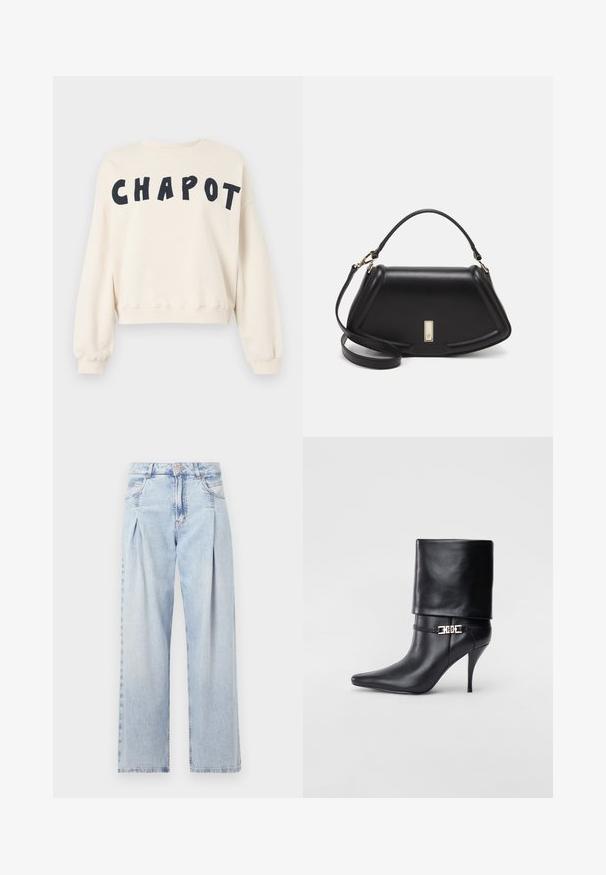 Krämfärgad sweatshirt med en kortad design, prydd med djärva, marinblå bokstäver som stavar "CHAPOT" över framsidan. Mjuk tyg, ribbade ärmslut.; Ljust blå denimjeans med hög midja, vida ben, två sidofickor och veckad design. Mjuk textur med en blekt finish.; Svart läderankelstövel med spetsig tå, hög stilettklack, vikbar mudd och ett dekorativt guldfärgat spänne på ankeln.; Svart läderhandväska med en strukturerad design, som har en avskuren form, ett handtag upptill och guldiga detaljer. Justerbar axelrem ingår.