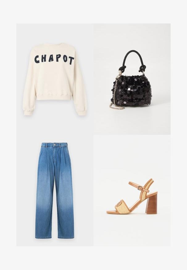 Krémová mikina s crop strihom, na prednej strane s tučnými námorníckymi modrými písmenami písmenami "CHAPOT". Mäkká tkanina, rebrované manžety.; Svetlomodré džínsy s vysokým pásom, uvoľneným strihom širokých nohavíc a prednými záhybmi. Obsahujú zapínanie na gombík a zips.; Hnedé kožené a tkané slamenné sandále na podpätku, s pásikom okolo členka, otvorenou špičkou a robustným dreveným podpätkom so horizontálnymi pruhmi.; Čierna mini kabelka so štrasom, s uzlovým textúrovaným popruhom a strieborným reťazom. Guľatý tvar s riaseným vrchom a reflexnými detailmi.