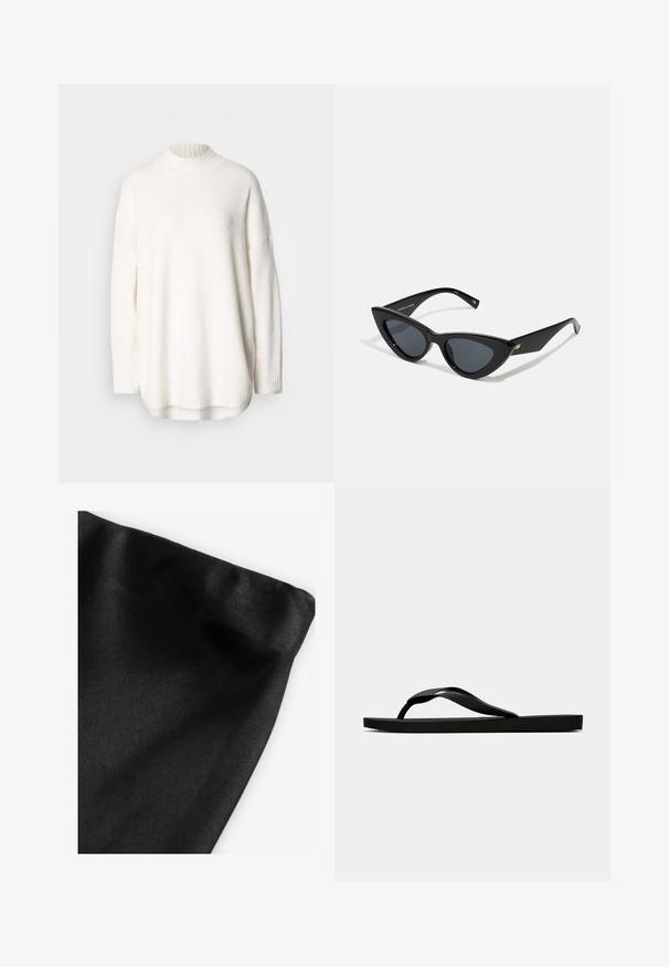 Biały sweter dziany z prążkowanym wysokim kołnierzem, opuszczonymi ramionami i bocznymi rozcięciami u dołu. Wykonany z miękkiej, fakturowanej tkaniny.; Czarna tkanina o gładkiej fakturze, z zapięciem na krawędzi. Materiał ma lekki połysk i jednolitą powierzchnię bez wzorów lub akcentów.; Czarne gumowe klapki z teksturowanym paskiem i prostą płaską podeszwą, przedstawione z boku na jasnym jednolitym tle.; Okulary przeciwsłoneczne kocie oczy z błyszczącą czarną plastikową oprawką, ciemnymi soczewkami i złotymi detalami na zausznikach. Kątowy design z eleganckimi liniami.; Even&Odd - Torba na zakupy