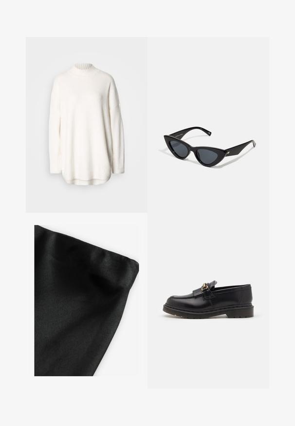 Pulover alb tricotat, cu guler înalt striat, umeri căzuți și fante laterale la tiv. Confecționat dintr-un material moale, texturat.; Material textil negru cu o textură netedă, având o margine pliată. Materialul prezintă o ușoară strălucire și o suprafață uniformă, fără modele sau accente.; Loafers din piele neagră cu vârf rotunjit, franjuri decorative și accente din hardware auriu. Talpă groasă din cauciuc pentru aderență și durabilitate sporită.; Ochelari de soare de tip cat-eye cu un cadru din plastic lucios de culoare neagră, lentile întunecate și detalii aurii pe tâmple. Design unghiular cu linii elegante.; Geantă din suede maro cu o formă triangulară structurată, cu un mâner superior și un sistem de închidere cu clapetă. Prezintă un detaliu subtil cu logo pe lateral.