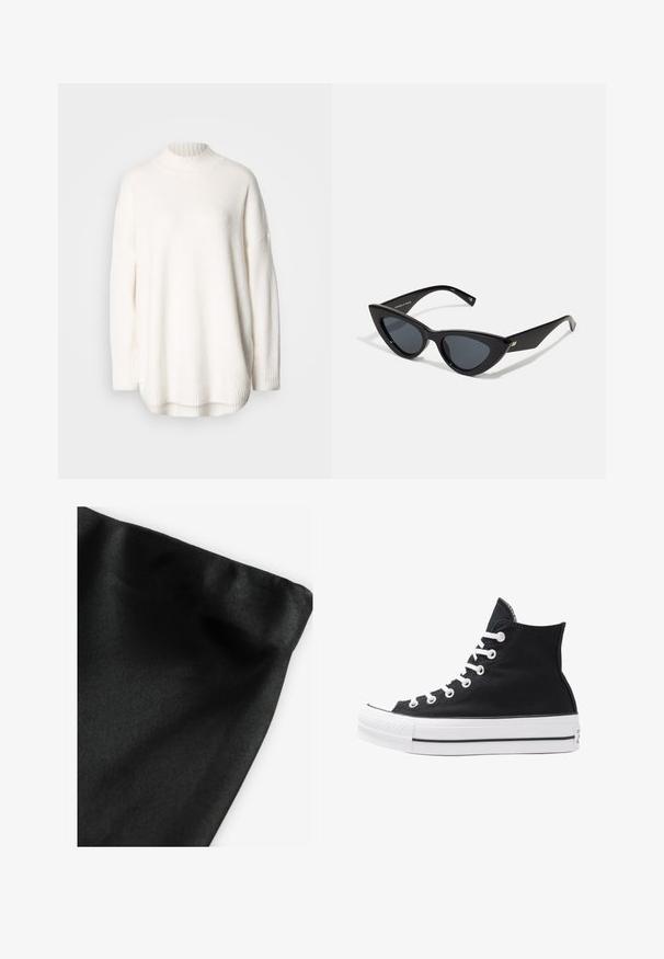 Valkoinen neulepaita, jossa on resorillinen korkea kaulus, levenevät olkapäät ja sivuhalkiot helmassa. Valmistettu pehmeästä, teksturoidusta kankaasta.; Musta kangas, jossa on sileä pinta ja taitettu reuna. Materiaali näyttää hieman kiiltävältä ja siinä on tasainen pinta ilman kuvioita tai korostuksia.; Korkean ylösulkeutuvan mustan kankaan lenkkitossun, jossa on valkoiset rei'itykset, nauhat ja kumipohja. Sisältää teksturoituneen kärkitilan ja musta-valkoiset raidat.; Kissansilmälasit, joissa on kiiltävä musta muovikehys, tummat linssit ja kultaiset yksityiskohdat temppeleissä. Kulmikas muotoilu tyylikkäillä viivoilla.; Even&Odd Shopping bag - black