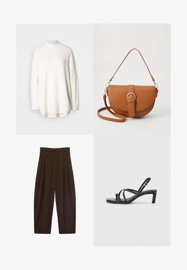 Bijeli pleteni džemper s rebrastim visokim ovratnikom, spuštenim ramenima i bočnim prorezima na rubu. Izrađen od mekog, teksturiranog tkanja.; Smeđe hlače visokog struka s nabranim detaljima, izrađene od glatkog materijala. Labav kroj, ravne nogavice, sa petljama za remen i zatvaračem na munju.; Crne sandale s trakama, kvadratnim prstom i niskom blok petom. Ima više tankih trakica i podesivu trakicu oko gležnja. Izrađene su od glatke kože.; Smeđa kožna torba preko tijela s zakrivljenim oblikom, zlatnim metalnim detaljima i naglaskom na kopču. Ima odvojivu naramenicu.