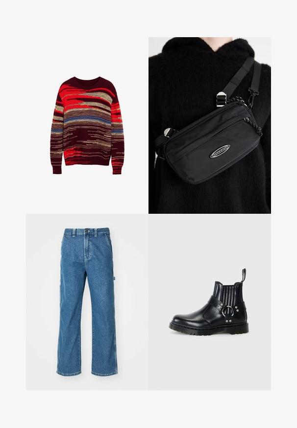Brede gebreide trui met een ronde halslijn, met een mix van rode, gouden, blauwe en bordeauxrode horizontale strepen in verschillende breedtes en texturen.; Blauwe denim cargobroek met een relaxed fit, voorzien van zijzakken, een rits en contrasterende stiksels op de naden.; Zwarte leren enkelboots met ribbelachtige elastische zijkanten, een metalen gespaccent en een gestructureerde zool voor grip.; Zwarte nylon crossbody tas met een verstelbare schouderriem, met een gladde textuur, een voorzak met rits en een logo-accent.
