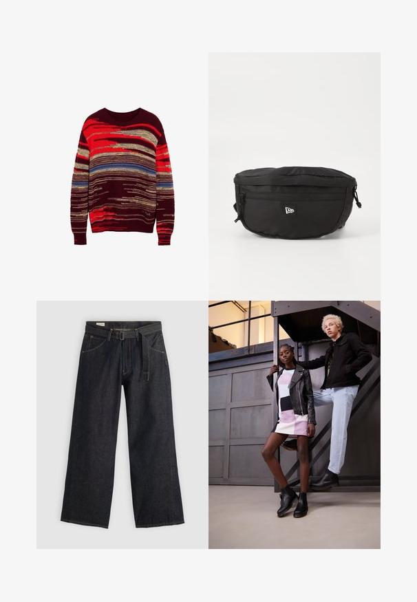 Strickpullover mit Rundhalsausschnitt, der eine Mischung aus roten, goldenen, blauen und burgunderfarbenen horizontalen Streifen in unterschiedlichen Breiten und Texturen aufweist.; Dunkelblaue Denim-Hosen mit weitem Bein und einem taillierten Gürtel, ausgestattet mit Vordertaschen und kontrastierender Naht. Glatte Textur mit einem schlichten Design.; Zwei Models posieren auf einer Metalltreppe. Eine trägt eine schwarze Lederjacke über einem gestreiften, multicolor Kleid und schwarzen Stiefeletten. Die andere trägt eine schwarze Jacke, helle Jeans und schwarze Stiefel.; Schwarze Bauchtasche aus Nylon; verfügt über eine vordere Reißverschlusstasche, einen verstellbaren Riemen und ein Logopatch. Rundliche Form mit glatter Textur.