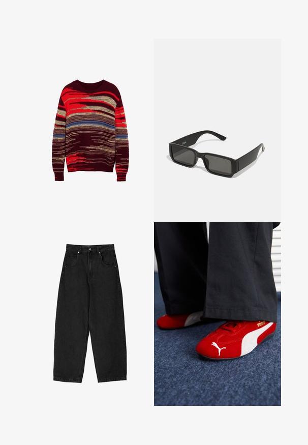 Maglione lavorato a maglia con scollatura rotonda, caratterizzato da una combinazione di righe orizzontali di colore rosso, oro, blu e bordeaux di diverse larghezze e trame.; Pantaloni wide-leg in denim nero con vita alta, dotati di cinque tasche, chiusura con zip e bottone in metallo. Tessuto liscio, dettagli minimi.; Sneakers in camoscio rosso con accenti bianchi, caratterizzati da materiale testurizzato, punta rotonda e un logo dorato di lato, indossati con pantaloni neri.; Occhiali da sole neri con lenti rettangolari, montatura in plastica opaca e bordi dritti. Presentano il logo del marchio sulla parte interna del braccio.