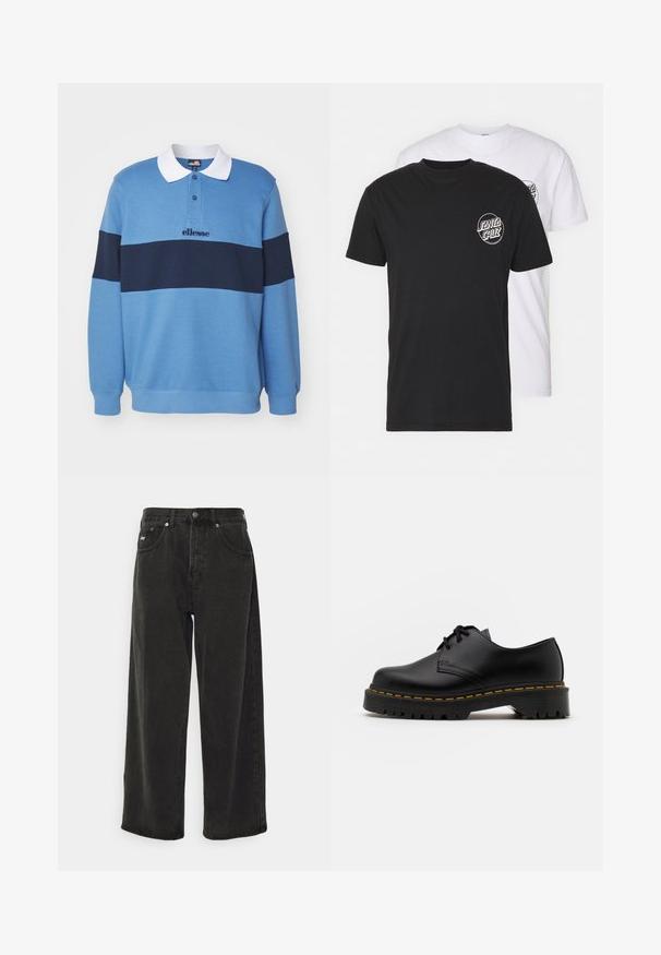 Ellesse CIVARO - Sweater - blue/navy; Set van twee t-shirts: één zwart, één wit. Beide hebben korte mouwen en een circulair logo op de borst in contrasterende kleur. Gemaakt van katoen.; Obey Clothing BIGWIG BAGGY - Baggy jeans - black; Zwarte leren veterschoen met een ronde neus, getextureerde rubberen zool en gele stiksels rond de basis. Plat ontwerp en een gladde afwerking.