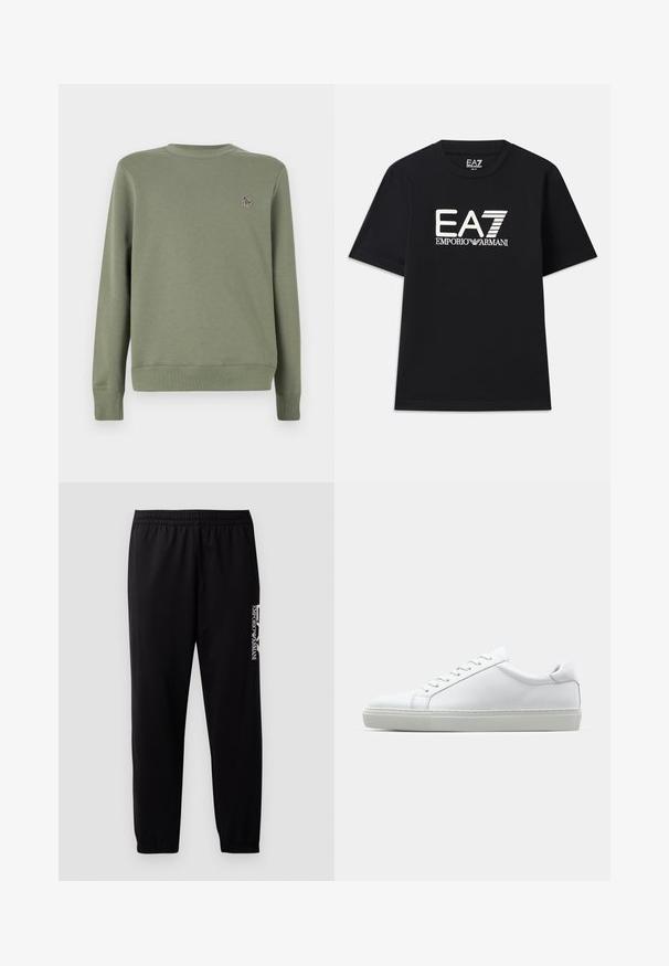 Sweatshirt de culoare verde măslin, fabricat dintr-un amestec moale de bumbac. Prezintă mâneci lungi, guler rotund și un mic logo brodat pe piept.; Tricou negru din bumbac, cu guler rotund și mâneci scurte. Logo-ul brodat "EA7 EMPORIO ARMANI" în alb pe partea din față.; Pantaloni atletici negri dintr-un material neted, cu talie elastică și manșete elastice, și un logo contrastant imprimat pe lateral.; Adidași albi cu o suprafață din piele netedă și un profil jos. Au un vârf rotunjit, șase orificii pentru șireturi și o talpă din cauciuc texturată.