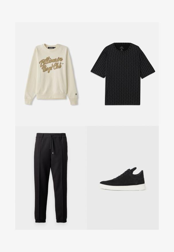 Sweatshirt crème à col rond avec des manches longues, présentant un texte en damier jaune et marron "Billionaire Boys Club" sur la poitrine.; T-shirt noir avec un motif texturé de logos 'A' alternés, manches courtes et col rond. Fabriqué en tissu léger.; Pantalons noirs avec une taille élastique, cordon de serrage et poignets élastiques. Présente des plis et un tissu lisse et texturé.; Baskets en daim noir avec une semelle en caoutchouc blanc, présentant des coutures tonales et un design lacé. Texture lisse avec une forme moderne et épurée.