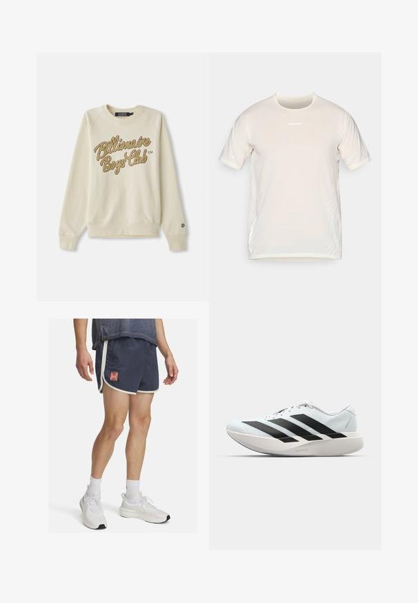 Creme crewneck sweatshirt med lange ærmer, prydet med gul og brun ternet "Billionaire Boys Club" tekst på brystet.; Beige Salomon kortærmet atletisk T-shirt med rund hals og subtile hvide grafiske linjer på siden.; Marineblå atletiske shorts med hvid trim og et Under Armour-logo. Letvægtsstof med en tekstureret overflade, designet til komfort under fysisk aktivitet.; Letvægtige løbesko i lys blå med sorte striber. Har en glat overdel, rund tå og tyk hvid mellemsål mærket "LIGHTSTRIKE PRO."