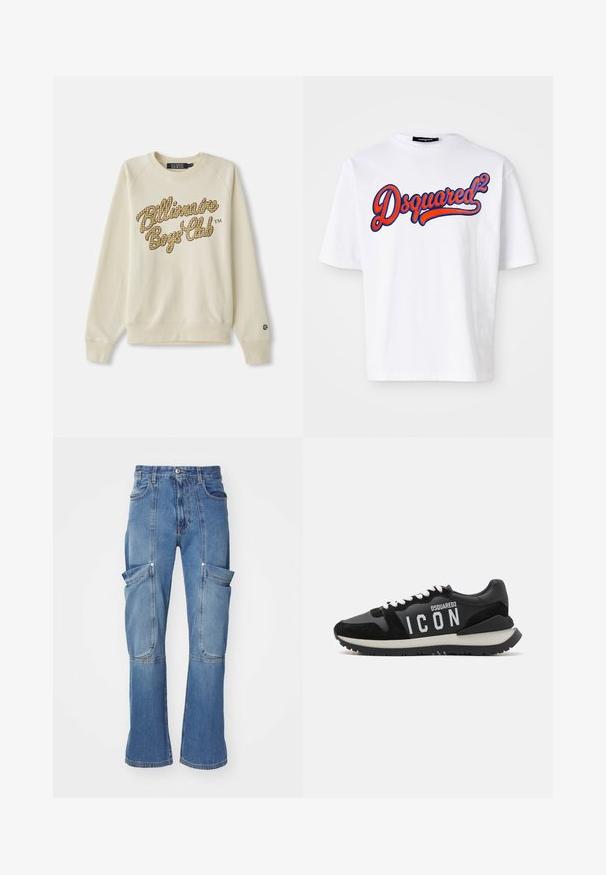 Cream crewneck sweatshirt with long sleeves, featuring yellow and brown checkered "Billionaire Boys Club" text across the chest.; White cotton t-shirt with a crew neck, featuring a prominent blue and red embroidered "Dsquared²" logo on the front. Short sleeves.; Denim cargo pants in light blue with a high waist, multiple side pockets, and flared legs, featuring contrasting stitching and a zip closure.; Black sneakers made of leather and suede, featuring a white "ICON" logo and contrasting black outsole. Laces are white; design is sporty.