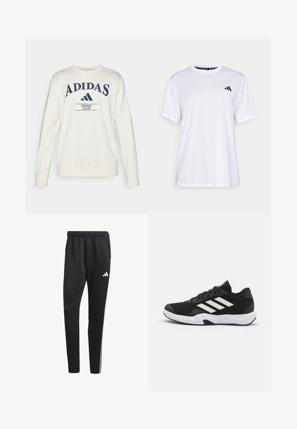 Sweatshirt creme com mangas longas, apresentando o texto azul-marinho "ADIDAS" e "TENNIS CLUB" abaixo, com um simples decote redondo e punhos canelados.; Camiseta atlética branca de mangas curtas, feita de tecido que absorve a humidade. Apresenta um logótipo preto no lado esquerdo do peito e um decote interior com padrão.; Calças de treino pretas com um cós elástico, riscas laterais brancas e um pequeno logotipo branco na coxa. Feitas de um material leve e suave.; Tenis negros desportivos com um superior em malha texturizada, riscas brancas de destaque, sola acolchoada e um calcanhar reforçado para suporte.
