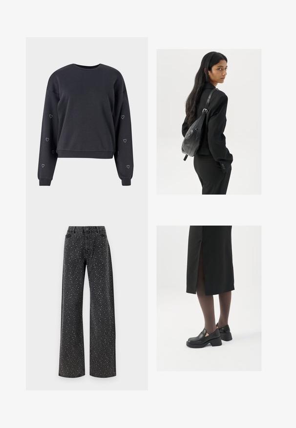 Felpa nera realizzata in morbido tessuto, caratterizzata da maniche lunghe con piccoli accenti a forma di cuore in strass lungo le braccia e un colletto rotondo.; Noisy May NMJANNEL LOOSE - Jeans baggy - black denim; Scarpe in pelle nera con punta arrotondata, tacco spesso a blocco e accenti laterali in elastico, abbinate a collant scuri e una gonna nera con uno spacco.; Donna con lunghi capelli scuri, vestita con un completo nero, che porta una borsa a tracolla in pelle nera, mentre guarda oltre la spalla su uno sfondo bianco.; Orecchini a cerchio in argento con un design minimalista. Forma circolare, superficie liscia e profilo sottile. Leggeri con una finitura lucida.