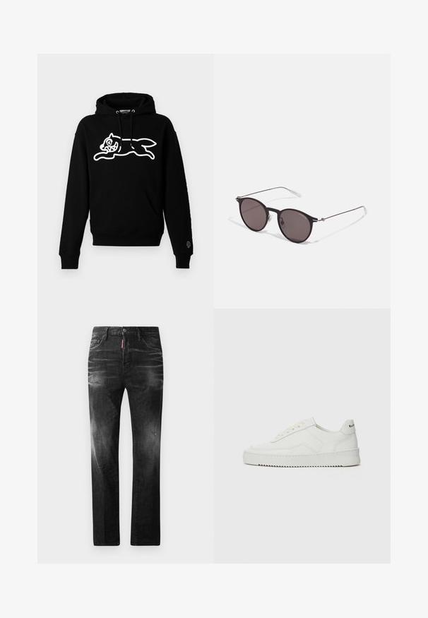 Felpa nera con cappuccio realizzata in morbido tessuto, caratterizzata da una grafica bianca di un gatto che salta, con tratti del viso esagerati e una tasca frontale.; Jeans in denim nero con vestibilità dritta. Presentano aree sbiadite, leggeri segni di usura, classico design a cinque tasche e chiusura con bottone.; Sneaker in pelle bianca con una finitura liscia, punta rotonda, lacci piatti e suola testurizzata. Presenta un logo discreto sul tallone.; Occhiali da sole neri rotondi con lenti scure e sottili bracci in metallo. Include punte trasparenti e accenti argentati alla cerniera. Design minimalista.