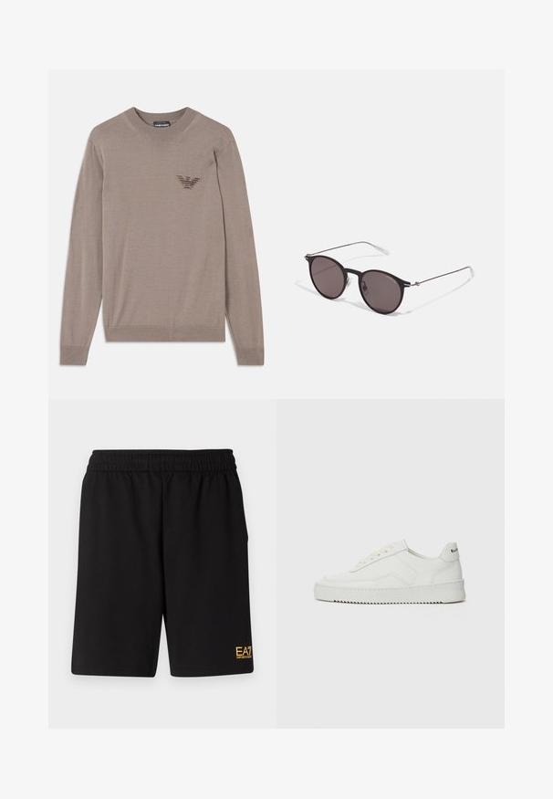 Sweater bege com mangas longas, decote redondo, bainha canelada e um logótipo bordado na área do peito. Feito de um tecido leve e suave.; Calções desportivos pretos feitos de um tecido suave, com um cós elástico e um pequeno logótipo amarelo EA7 na parte inferior da perna esquerda.; Sapatilha de couro branco com acabamento suave, bico redondo, atacadores planos e uma sola texturizada. Apresenta um logotipo discreto no calcanhar.; Óculos de sol redondos pretos com lentes escuras e hastes metálicas finas. Inclui pontas de templo transparentes e detalhes em prata na dobradiça. Design minimalista.