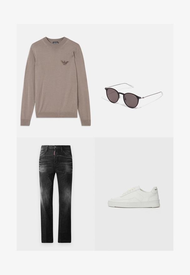 Beige Pullover mit langen Ärmeln, rundem Ausschnitt, geripptem Saum und einem gestickten Logo im Brustbereich. Hergestellt aus einem weichen, leichten Stoff.; Schwarze Jeans aus Denim mit geradem Schnitt. Verfügt über ausgebleichte Bereiche, leichte Abnutzung, klassisches Fünf-Taschen-Design und einen Knopfverschluss.; Weiße Ledersneaker mit glatter Oberfläche, runder Zehenpartie, flachen Schnürsenkeln und strukturiertem Sohlenprofil. Mit einem dezenten Logo an der Ferse.; Schwarze runde Sonnenbrille mit dunklen Gläsern und schlanken Metallbügeln. Enthält klare Tempelspitzen und silberne Akzente am Scharnier. Minimalistisches Design.