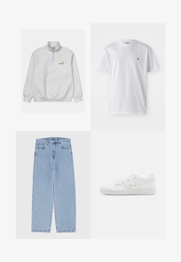 Felpa grigia chiara con colletto a zip a quarti. Presenta polsini e vita a costine, e un piccolo logo arancione e giallo sul petto.; T-shirt bianco in cotone con maniche corte, con colletto girocollo, caratterizzato da un piccolo logo dorato sulla parte sinistra del petto. Tessuto morbido e vestibilità regolare.; Jeans in denim azzurro chiaro con design a gamba dritta, caratterizzati da una vita media, cinque tasche e chiusura con bottone e zip.; Sneaker bianco realizzato in pelle liscia, con punta perforata, suola in gomma testurizzata, lacci piatti e un prominente logo 'N' sul lato.