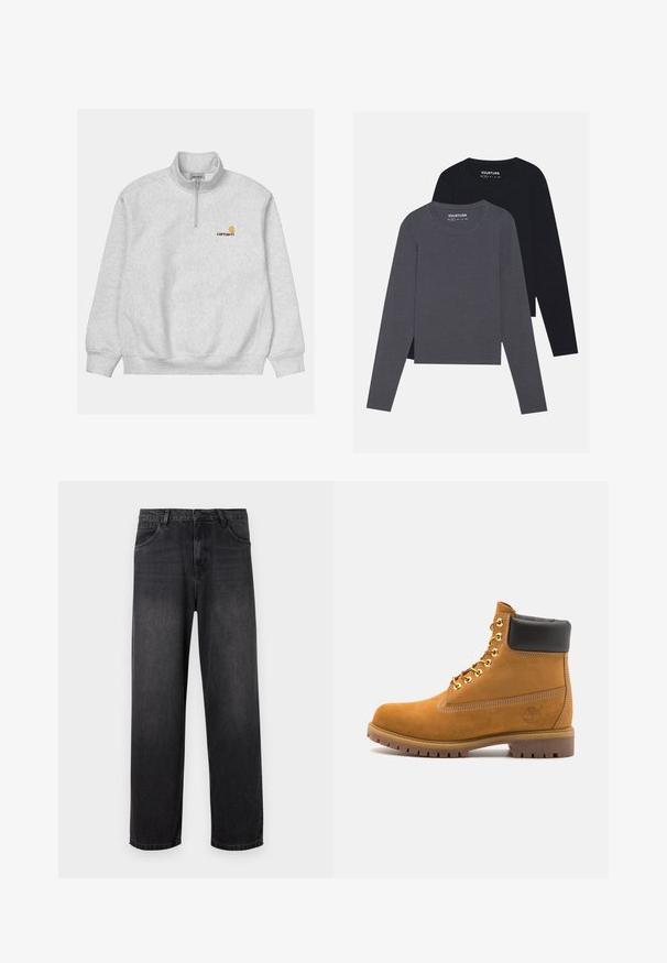Sweatshirt gris clair avec un col zippé quart. Présente des poignets et une taille côtelés, ainsi qu'un petit logo orange et jaune sur la poitrine.; YOURTURN 2 PACK UNISEX - T-shirt à manches longues - dark grey/black; Jeans en denim gris foncé avec un design à jambe droite, dotés d'une fermeture éclair, de cinq poches et de légères décolorations sur le tissu.; Bottine en daim beige avec un col rembourré noir, œillets en métal doré, détails de surpiqûres blanches et semelle en caoutchouc robuste avec des crampons prononcés.